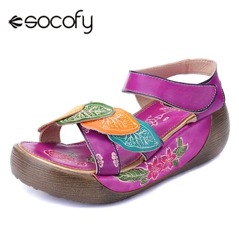 

Socofy Bohemian Women Sandals Genuine Leather Vintage Printed Slippers Women Shoes Summer Platform Sandals Hook&Loop Zapatos New