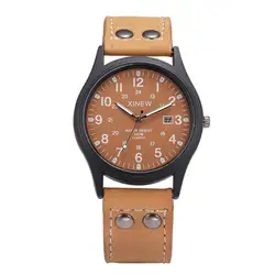 Новый бренд XINEW мода армии Дизайн часы Для мужчин кожаный ремешок с календарем Повседневное световой Кварцевые часы 2018 Reloj Hombre Marca