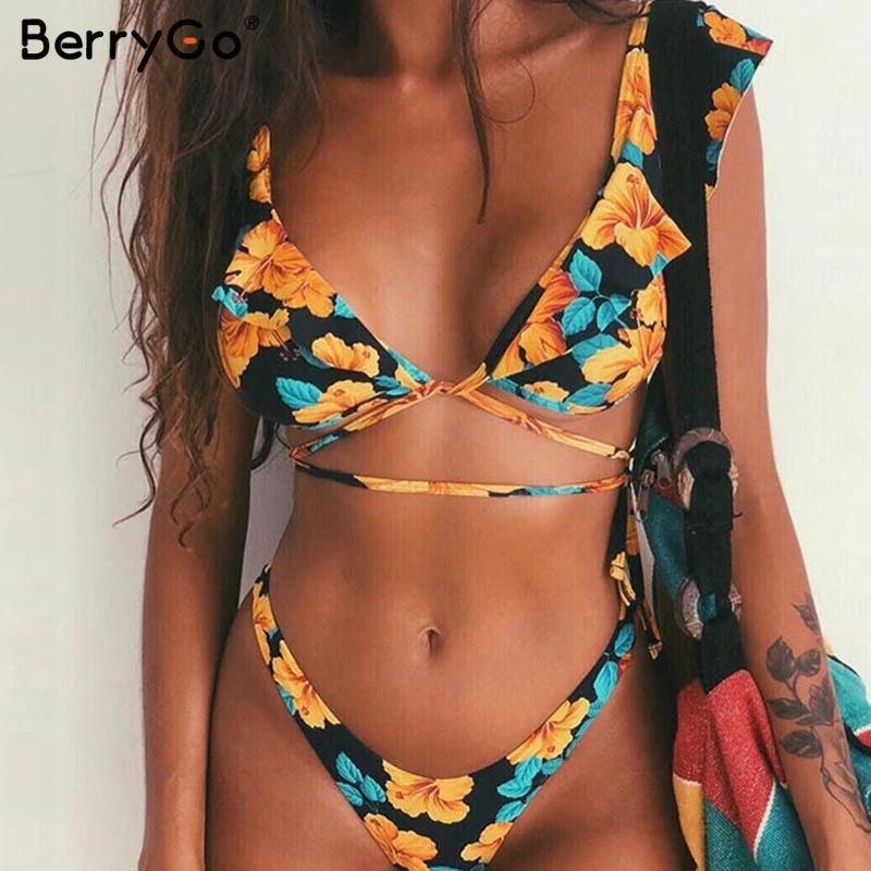 BerryGo Push up floral print women lingerie set Two pieces summer beach wear bra set Sexy v-neck lace up intimates underwear set BerryGo Push up floral print women lingerie set Two pieces summer beach wear bra set Sexy v-neck lace up intimates underwear set