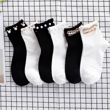 Черные/белые корейские носки с жемчужинами, женские эластичные хлопковые носки ручной работы Meias, креативные носки Harajuku Calcetines Mujer