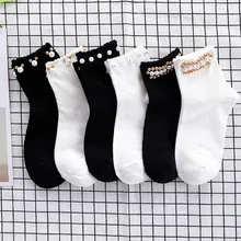 Preto/branco coreano reto pérola meias feminino elástico algodão artesanal meias criativas harajuku calcetines mujer