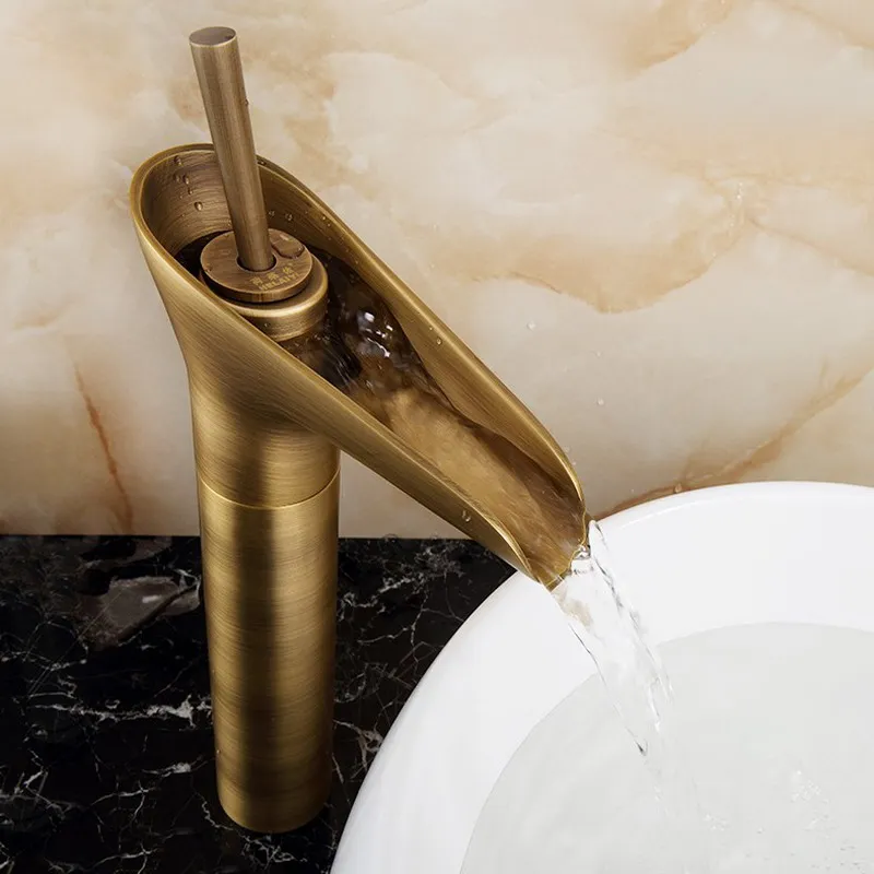Antique Brass Bathroom Basin Faucet Waterfall Spout Mixer Tap Deck Mount Single Hole Mixer Tap KD738 Antique Brass Bathroom Basin Faucet Waterfall Spout Mixer Tap Deck Mount Single Hole Mixer Tap KD738