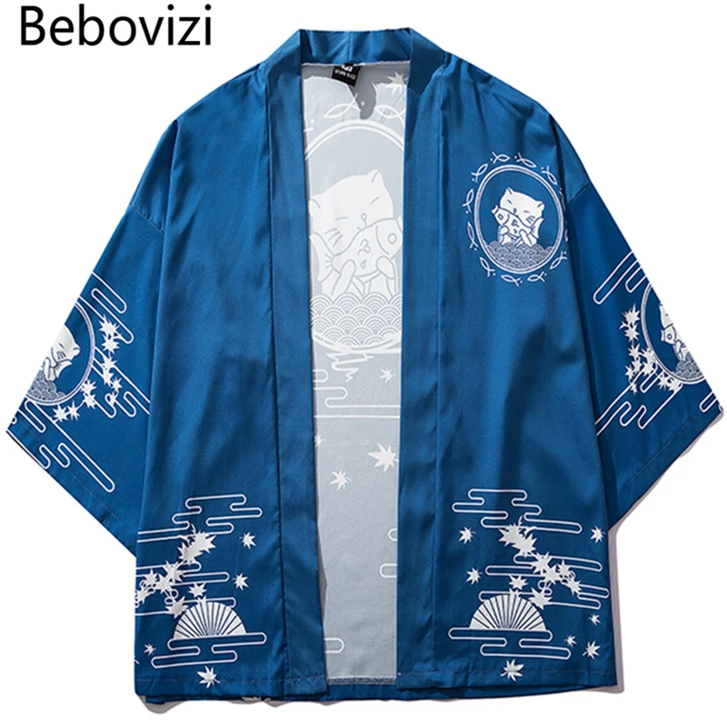 Bebovizi Japan Style Cat Printed Thin Kimono Men Japanese Streetwear Blue Jackets Casual Outerwear 2019 Bebovizi Japan Style Cat Printed Thin Kimono Men Japanese Streetwear Blue Jackets Casual Outerwear 2019