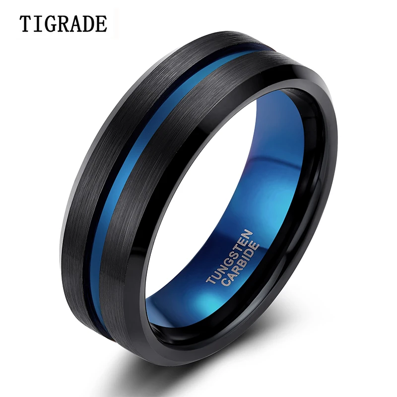 

TIGRADE 8mm Blue&Black Mens Tungsten Carbide Ring Blue Line Design For Women Wedding Engagement Rings Fashion Jewelry