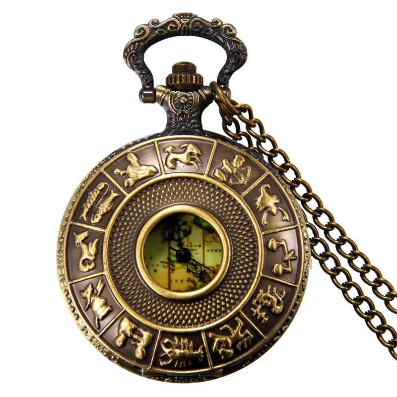 

Lancardo Zodiac Bronze Vintage Pocket Watches Necklace Chain Pendent Fishing Antique Quartz Pocket For Watches Mens Relogio De