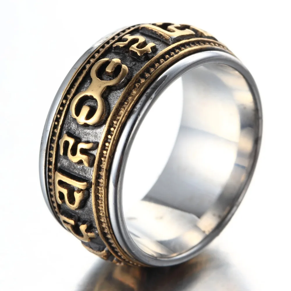 

Gold Silver Mantra rotatable ring men titanium steel tide retro domineering personality single index finger ring with jewelry