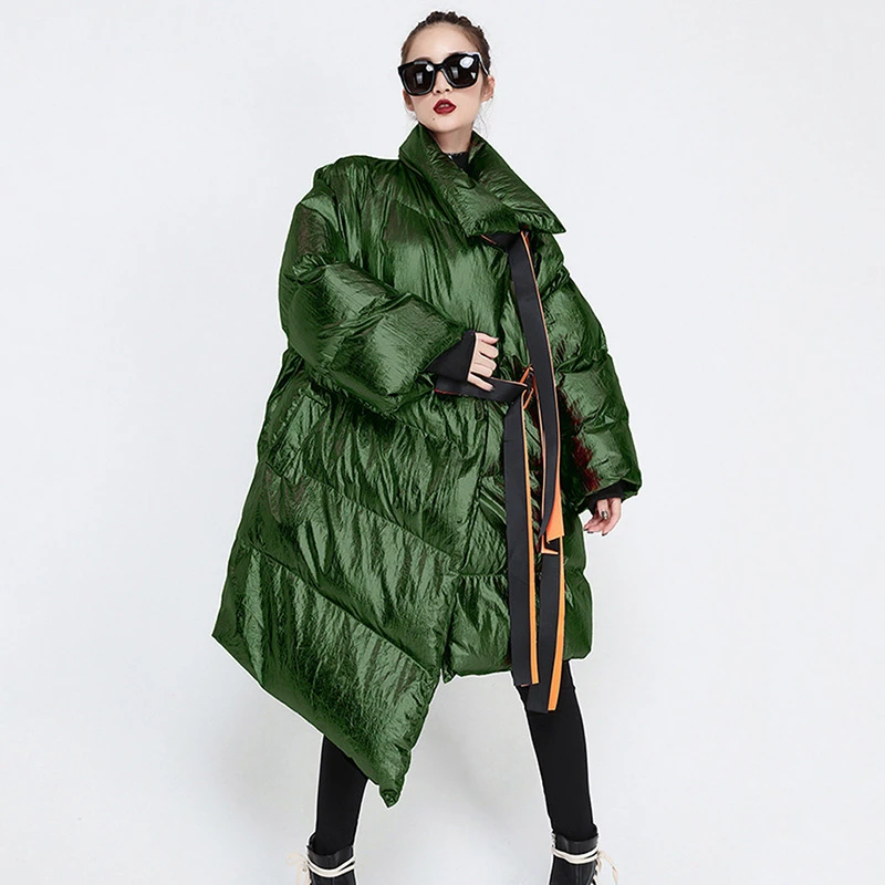 

Woman winter coats 2019 parkas belt Down cotton Jackets Stand Collar Long Sleeve jacket Asymmetric Female Fashion overcoat MY63