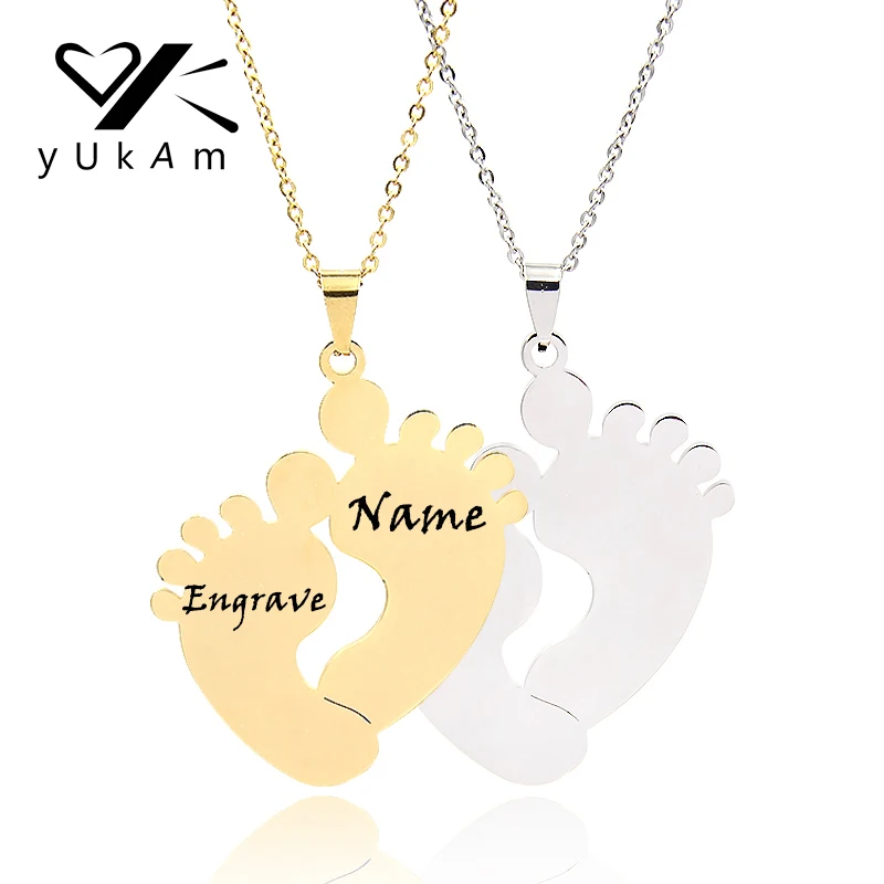 

YUKAM Stainless Steel Women Personalized Engraved Custom Name Necklace Mothers Necklace Baby Feet Pendant Necklaces for Mom Gift