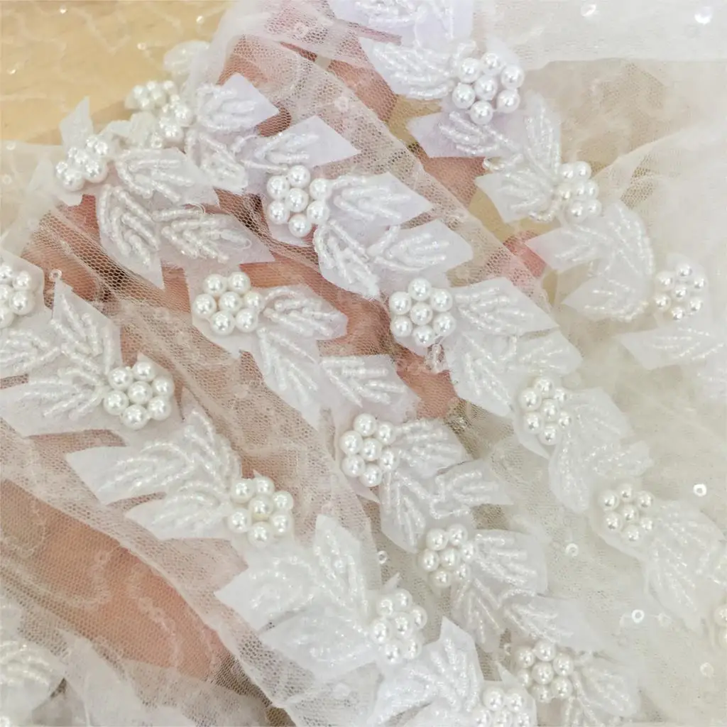 leaf white peal rhinestone Beaded Lace Trim Mesh Fabric Paillette Lace