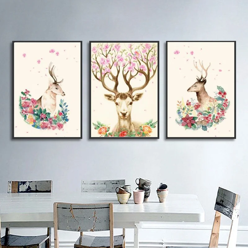 

Nordic Animal Posters and Prints Modern Minimalist Flower Elk Canvas Painting Wall Art Pictures for Christmas Home Decoration