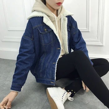 

New Fashion Winter Coat Women Lambs Wool Jean Coat With Pockets Long Sleeves Warm Jeans Coat Wide Denim Parka Casual Outwear