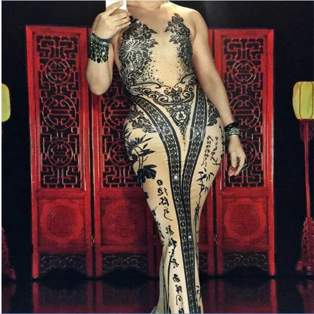 

Sexy Flower Bamboo Pattern Printed Dress Bright Rhinestones Sexy Long Dress Nightclub Singer Costume Prom Celebrate Show Clothes