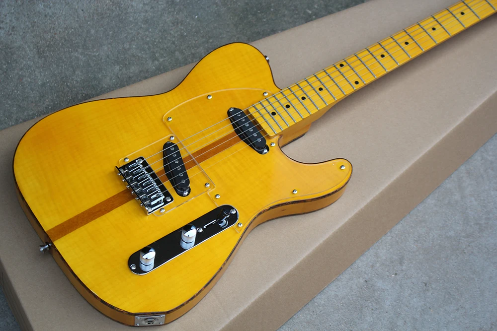 

Wholesale factory yellow electric guitar with yellow maple fingerboard,Flame maple veneer,White pearl binding