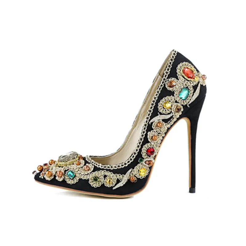 

2018 Newest women pumps Luxury design colorful diamond embroidered high heels pointed toe elegant ladies party wedding shoes