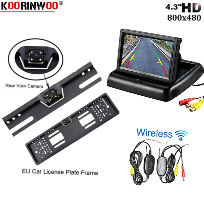 

Koorinwoo Car Rear View Camera 4 LED Waterproof EU European License Plate Frame Parktronic Wireless Car Foldable Monitor Styling