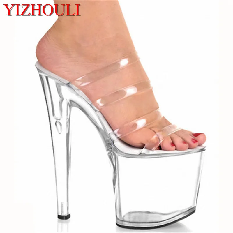 8 inch see-through heel slippers, sexy star model 20 cm high heel platform sandals, nightclub party slippers