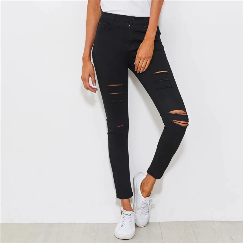 SweatyRocks потертые обтягивающие черные джинсы, уличная одежда, Однотонные эластичные джинсовые штаны на пуговицах, весенние женские длинные рваные джинсы