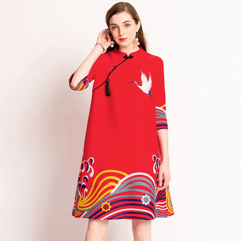 

The Chinese Style of the DRESS with Slant-buttoned Thousand-Paper Crane MIYAKE pleats dresses free shipping
