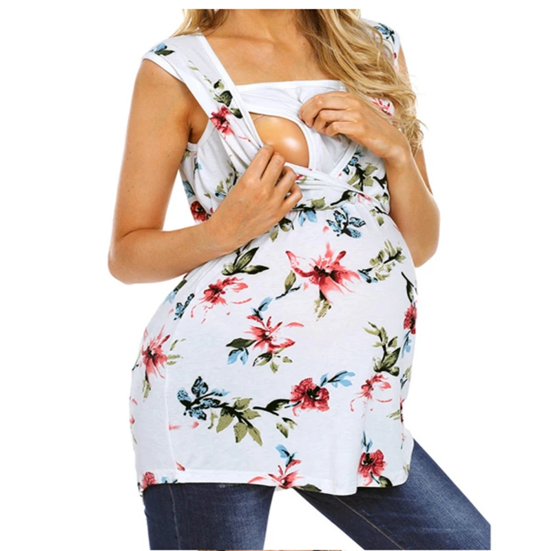 

2019 Summer flowers and plants Printed Fashion European style Maternity clothing vest Breastfeeding T-shirt