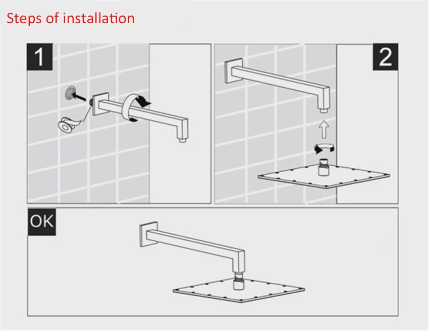 Stainless Steel Square Shower Arm Wall-Mounted Shower Arm Water Inlet Pipe Shower Head Holder Bathroom Shower Accessories