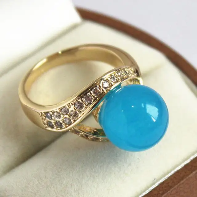 Симпатичные леди 18 знал с кристаллами украшены и 12 мм синий нефрит кольцо (#7 8 9 10)