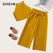 SHEIN/Детский комплект для девочек, имбирный топ на бретельках и штаны с поясом, комплект в стиле бохо, г. Летний детский комплект из двух предметов без рукавов на пуговицах
