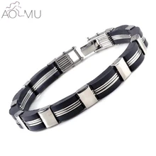 AOMU мужской браслет, кубинские высококачественные браслеты из нержавеющей стали и черного силикона, браслеты, мужские ювелирные аксессуары