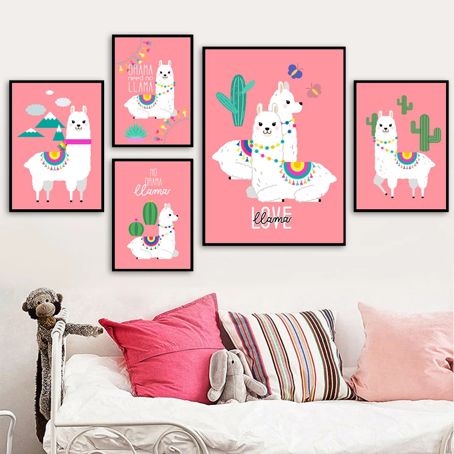 Mignon Animaux Lama Alpaga Cactus Pepiniere Mur Art Toile Peinture Nordique Affiches Et Impressions Murales Photos Bebe Enfants Chambre Decor Aliexpress