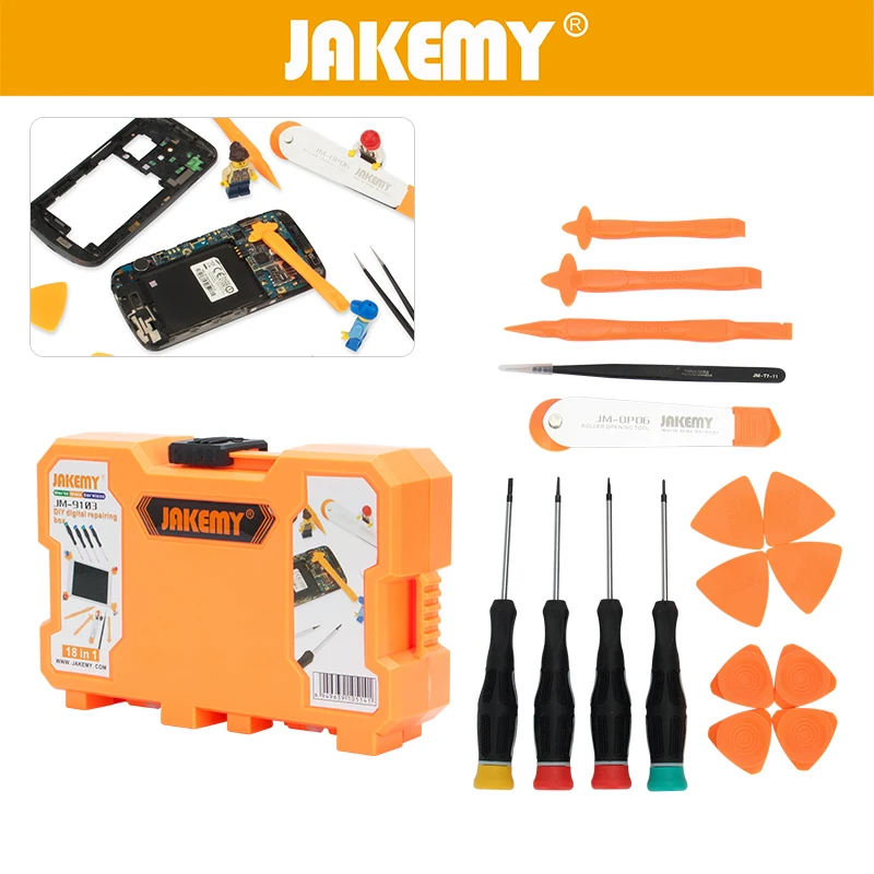 JAKEMY 18 in 1 Repair Tools Kit Roller Opening Pry Spudger Tools Screwdriver Set for Cellphone IPad Tablet Repairing Hand Tools