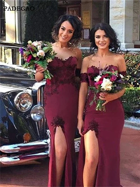 Cheap Elegant Red Long Bridesmaids Dresses Mermaid Off Shoulder Appliques Side Split Bridesmaids Dresses Prom Custom Made Cheap Elegant Red Long Bridesmaids Dresses Mermaid Off Shoulder Appliques Side Split Bridesmaids Dresses Prom Custom Made