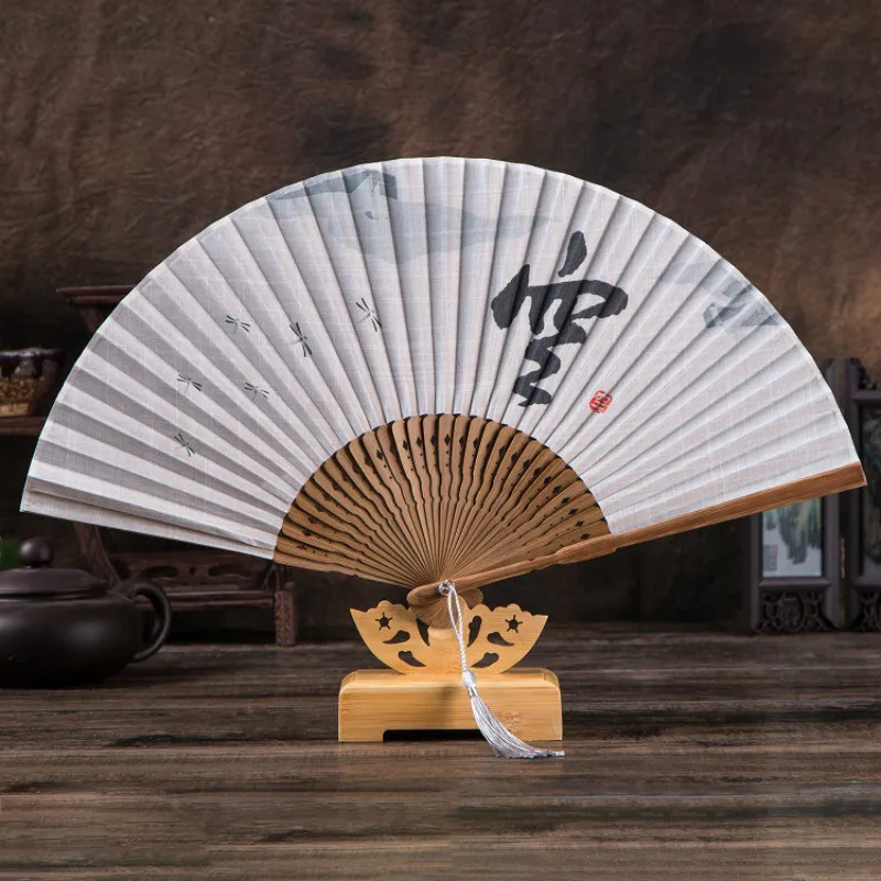 

Explosion models best-selling new men's linen Chinese characters empty cool fan handmade folding tea room Buddha ornament