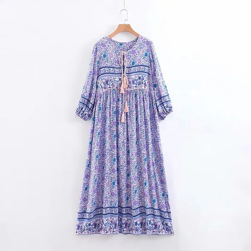 Женское богемное платье Everkaki, лето, осень, новинка, цветочный принт, кисточки, платья с длинным рукавом, богемное женское пляжное винтажное платье - Цвет: Фиолетовый