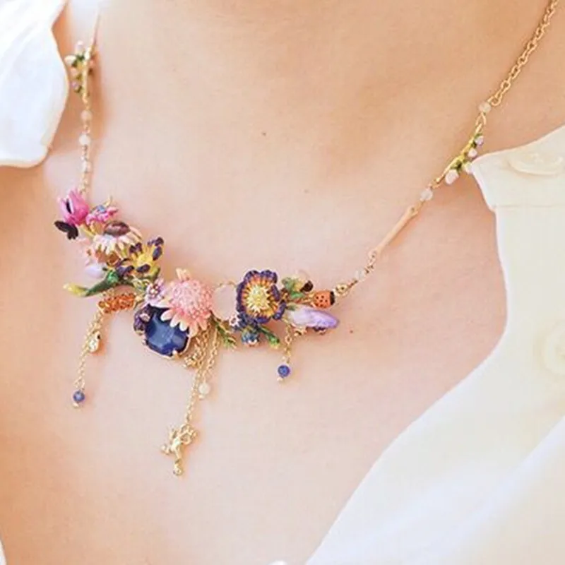 

2018 Designer Original Handmade Enamel Glaze Monet Garden Flower Stone Necklace Drop Earring Ring Jewelry For Party
