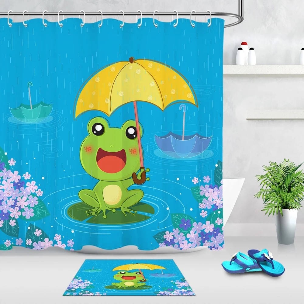 Verheugen Onschuldig Fondsen Kids Cartoon Kikker Paraplu Regenachtige Dag Douchegordijn Badkamer  Schermen Waterdicht Polyester Stof Voor Bad Decor Met 12  Haken|Douchegordijn| - AliExpress