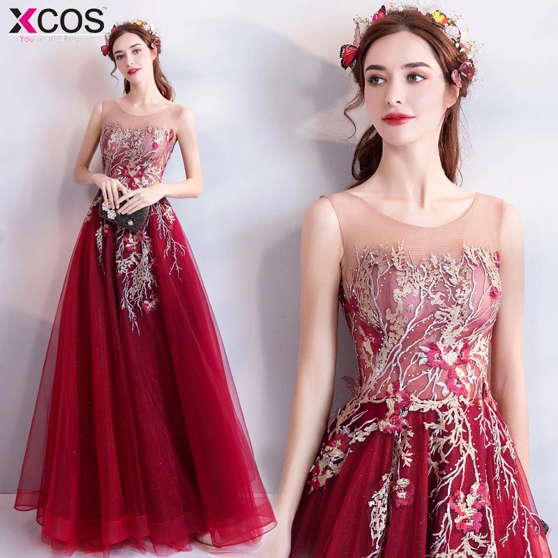

Elegant See Through Red Prom Dresses 2018 A-Line Floor-length Appliques Long Formal Dress Evening Gown Robe De Soiree