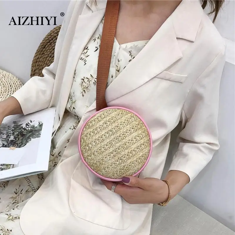 

Female Summer Fashion Circle Small Straw Shoulder For Women Girls Casual Waist Fanny Belt Pack Leather Round Chest Crossbody Bag