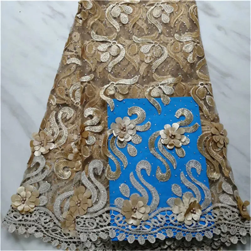 African Lace Fabric 2019 gold High Quality 3D Flower beads Applique Stones French Net Tulle For Party Dress | Дом и сад