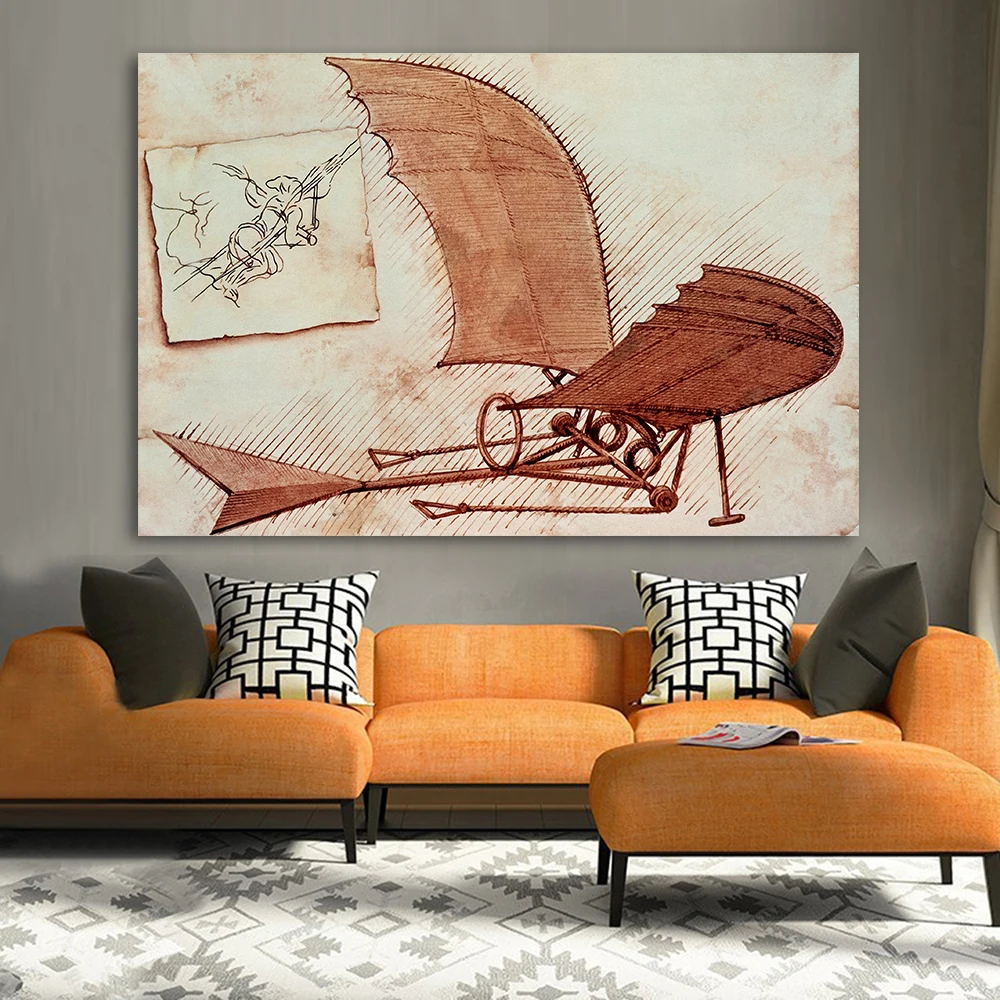

HDARTISAN The Da Vinci Design Oil Painting Canvas Prints Wall Art Pictures for Living Room Flying Machine Home Decor