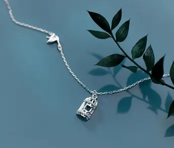 

1pc 100% real Sterling Silver 925 Fine Jewelry white cz AAA+ swallow Birds birdcage Pendant Necklace GTLX1938