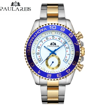 

Automatic Self Wind Mechanical Stainless Steel Strap Casual Yellow Gold Silver Blue Bezel Master Business Men Watch