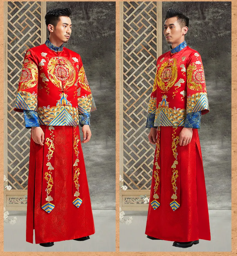 

Red Long Sleeve Groom Toast Clothing Dragon Men Cheongsam Top Costume Tang Suit Chinese Wedding Dress Traditional wedding Gown