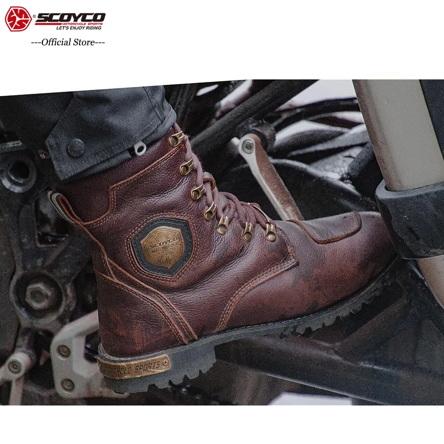 

SCOYCO 2019 Genuine Leather Brown Motorcycle Boots Shockproof Portable Protective Vintage Wearproof Driving Martin Boots MT019