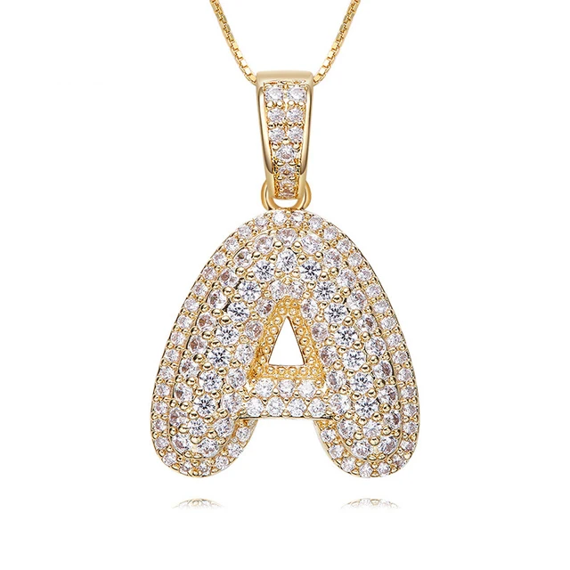 Initial Bubble Letter Pendant Necklace Custom alphabet CZ Woman Man