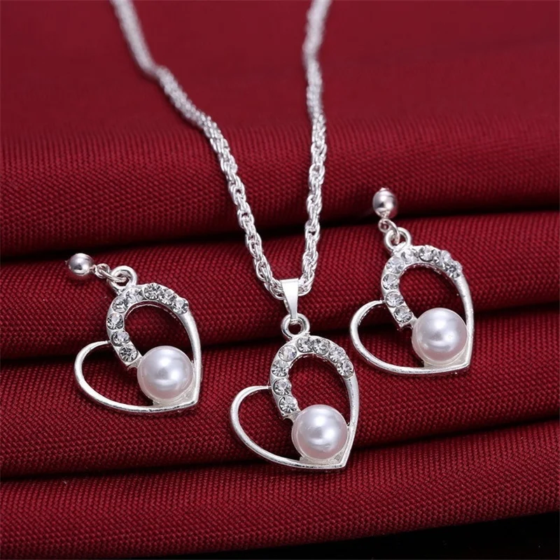 

Lovers Heart Shape Pendants Jewelry Sets Women Charming Imitation Pearl Pendant Necklace & Earrings Girls Bride Jewelry Set