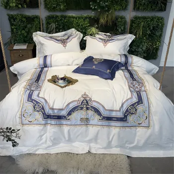 

Luxury 80S Pima Cotton bedding set 4 pieces white sateen duvet cover sets with delicate royal embroidery bed linens queen sheets