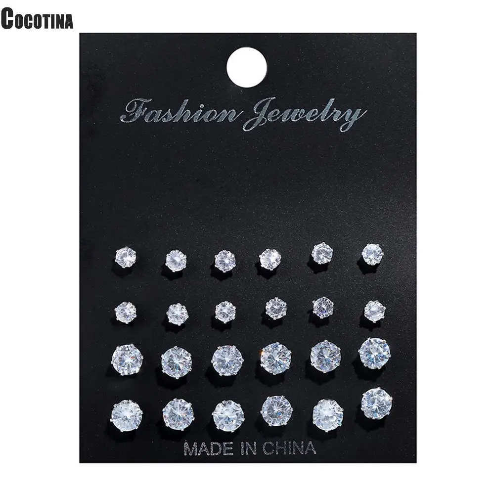 

12 Pairs/Set Fashion Cubic Zirconia Stud Earrings Set For Woman Simple Round Silver Color Earring Statement Party Jewelry Gifts