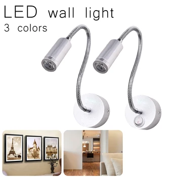 

LED Wall Lamp Knob Switch 85-265V 3W Modern Bedroom Bedside Lamp Black Silver Light Body 360 Degree Angle Adjustable Wall Light