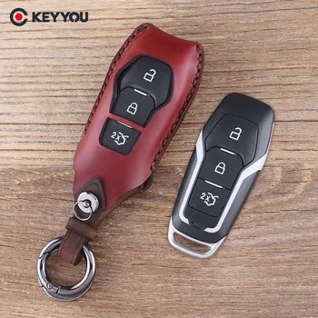 

KEYYOU For Ford Mondeo Fusion Genuine Leather Keychain Car Key Case Fob Cover 3 Buttons Remote Key Shell Bag