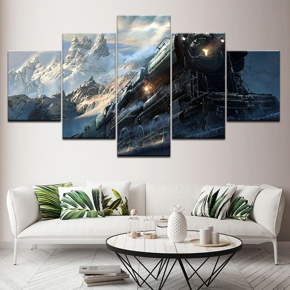 

Canvas Painting Beautiful train with Mount Fuji 5 Pieces Wall Art Painting Modular Wallpapers Poster Print Home Decor