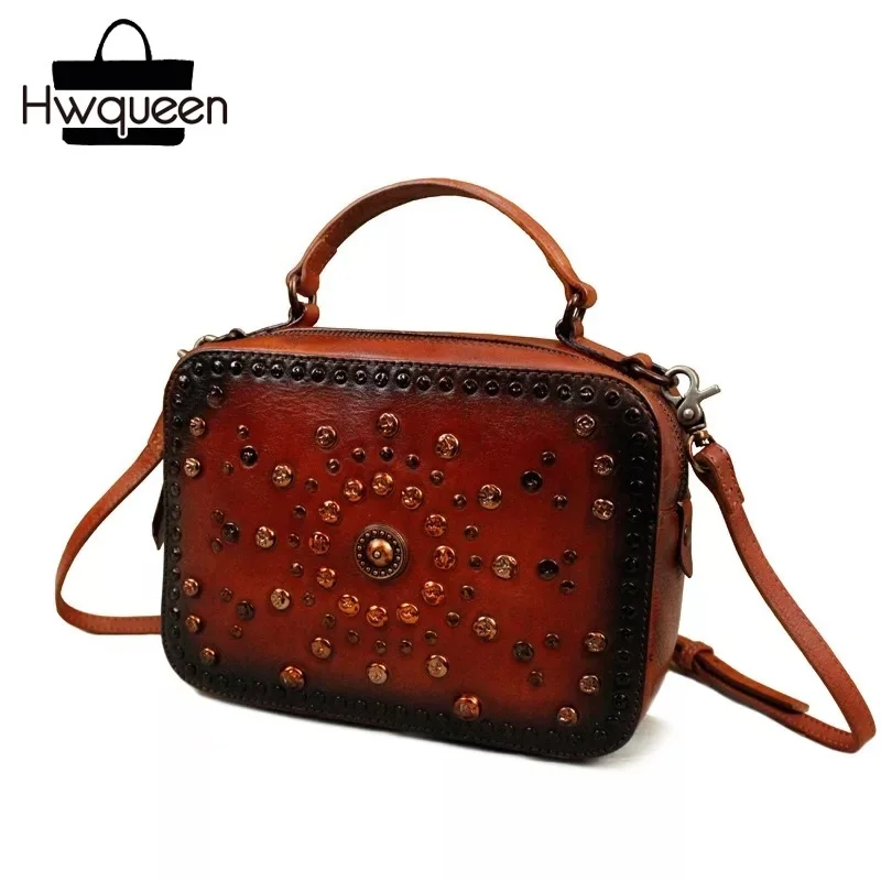 

2018 Genuine First Layer Cow Leather Women's Small Box Bag Vintage Female Studs Crossbody Bag Sling Bag Ladies Rivets Handbag